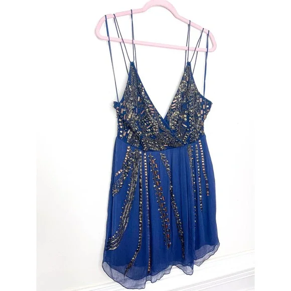 Free People Cassiopeia Navy Beaded Embellished Party Dress Size 0